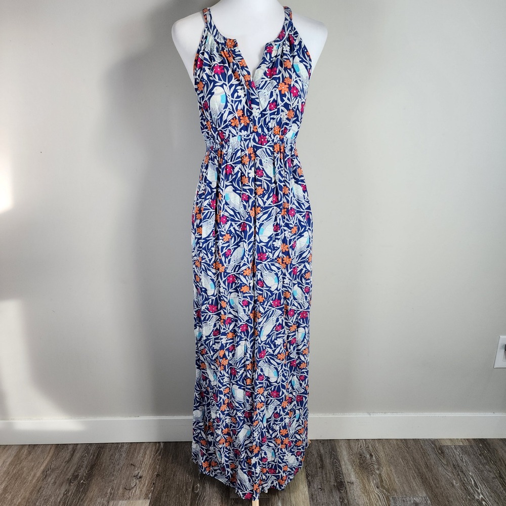 Old Navy Maternity Maxi‎ Dress Womens Small Blue Bird Floral Sleeveless Rayon